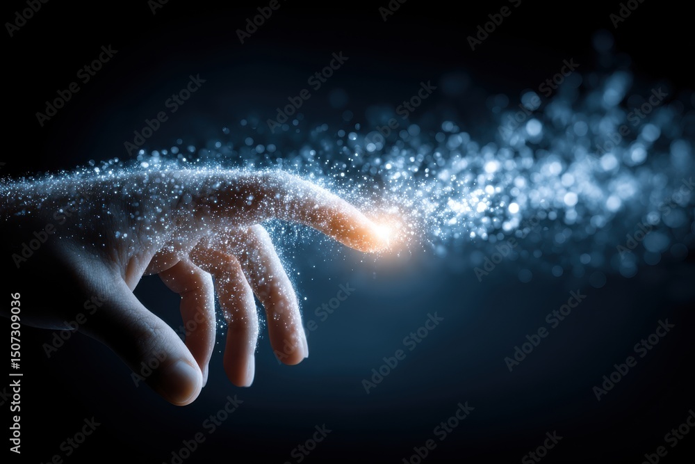 Poster an artistic representation of a hand extending a finger with bright light emanating and particles fl