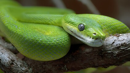 Fototapeta premium A green snake lying on a tree branc Close up of vibrant green snake coiled on tree branch