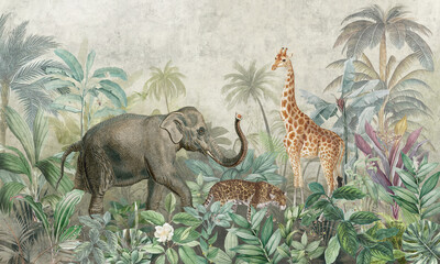Mural Wallpaper. Watercolor Rainforest. Vintage Tropical Background   © александр Бужореан