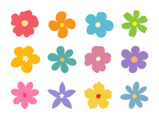 Abstract flower elements vector. Colorful spring flower icon set featuring cute blooming flower heads with simple petal design. Flat illustration, botanical hand drawn floral set on white background.
