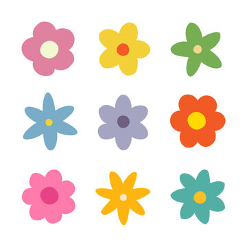 Collection of abstract flowers vector. Colorful cute spring floral elements. Beautiful blooming flower heads with simple petal design. Flat graphic botanical flower icon set.