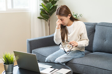 Eye problem concept, fatigue asian young woman tired eyes, irritated rubbing eye dry relief vision...