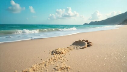 A single footprint in soft sand near the ocean, symbolizing a minimal environmental impact and personal journey , sand, calm, solitude