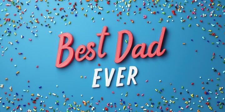 Playful and Festive Father's Day Design: "Best Dad Ever" in Bold Colorful Letters on Blue Background with Sprinkles and Confetti