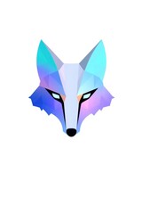 Obraz premium Geometric fox face with glowing eyes rendered in blue purple and white hues