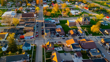 New Glarus Wisconsin at sunset showing city buildings