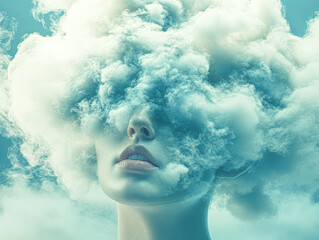 A surreal portrait of a woman's face merging with clouds, creating a dreamy and ethereal visual effect.