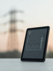 Digital twin of power grid network shown tablet screen with blurred transmission tower background, modern technology concept