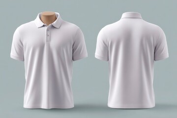 Two white polo shirts are displayed front and back view against a grey backdrop