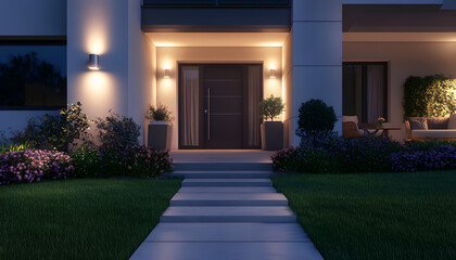 House entrance with modern exterior sconces and concrete driveway