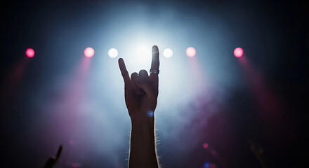Hand making a rock star sign in front of a vibrant concert stage filled with lights and energy, Generative AI.