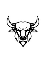 A black and white drawing of a bulls head with large horns
