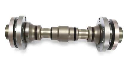 A silver-colored universal joint drive shaft assembly, featuring two universal joints connected by a cylindrical shaft and flanges for attachment, isolated on a white background.