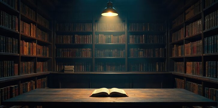 A shadowed bookstore interior, shelves overflowing with books, a single spotlight illuminating a mysterious object on a table; a sense of intrigue hangs in the air , novel, evidence