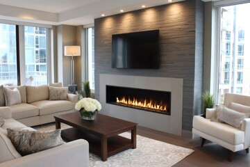 Modern living room with burning fireplace and tv screen displaying relaxing evening scene