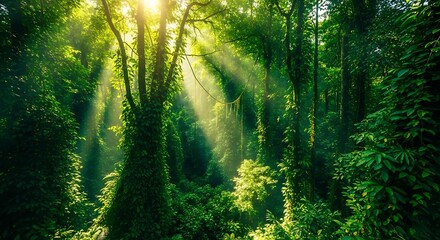 Obraz premium Sunlight filters through dense trees in a lush green forest during morning hours