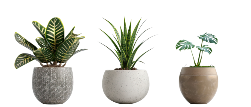 Collection of various tropical houseplants displayed in white ceramic pots. Potted exotic house plants on white floor against white wall. Home garden banner. isolated with clipping path