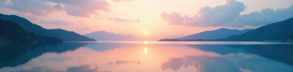 Fototapeta premium A serene landscape, still waters reflecting a calm sky, evokes a sense of tranquility and emotional stillness Perfect for meditation, mindfulness, and stress relief themes , mountains, shadow