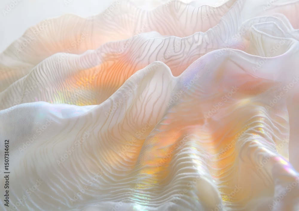 Poster a close-up of iridescent light waves, their colors creating an ethereal and dreamy effect on the whi