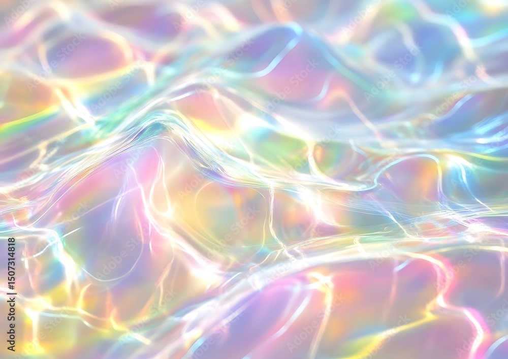 Poster a close-up of iridescent light waves, their colors creating an ethereal and dreamy effect on the whi