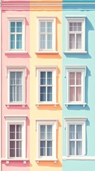 Facade with windows showcases architecture in pink, orange and blue hues under a summer sky