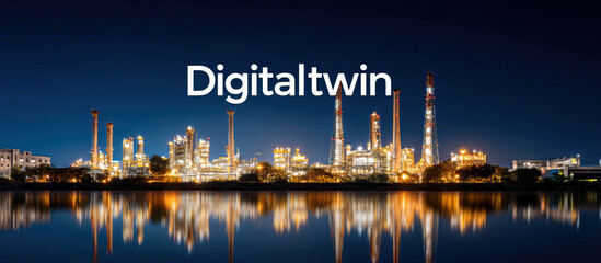 Digital twin concept with illuminated oil refinery reflected calm water night, showcasing industrial technology and innovation