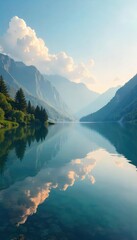 A serene landscape featuring a tranquil lake reflecting a calm sky, embodying peace and quietude, perfect for relaxation and restoration , balance, yoga, green