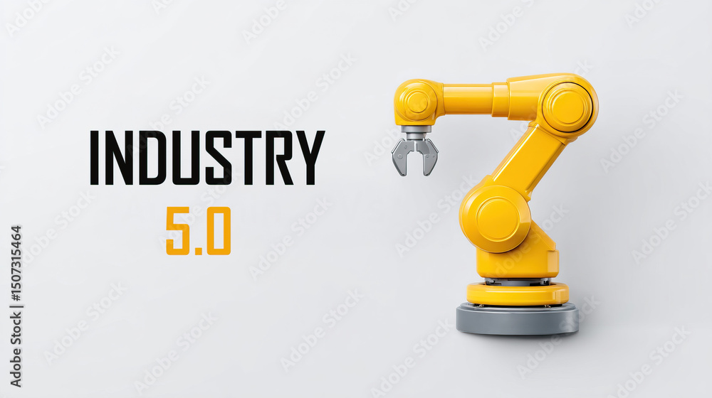 Poster industry 5.0 concept with yellow robotic arm on white background showing advanced automation and tec