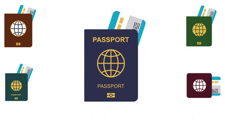 vector of a passport with a plane ticket partially visible, tucked inside. Clean, minimal design on a white background, ideal for travel apps, vacation planning, airline, tourism, and passport control