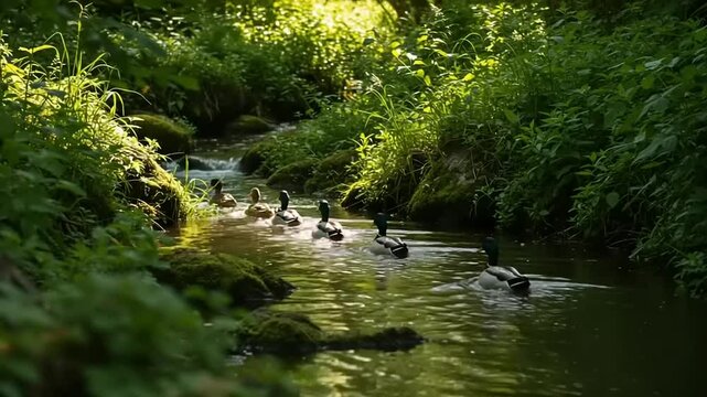 Ducks swimming in a small stream through lush greenery.