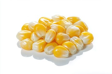 Fototapeta premium Pile of Fresh Corn Kernels on White Background - Macro Food Photography, Sweet Corn Seeds, Healthy Eating, Agriculture