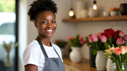 Portrait of smiling black woman florist in grey apron in flower shop, small business, entrepreneurship and floral design concept