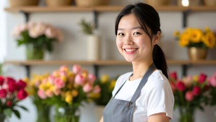 Portrait of smiling asian florist in grey apron arranging in flower boutique, creative entrepreneurship and floristry art concept