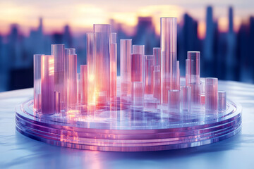 Elegant 3D charts radiating a glossy finish and a unique transparent glass effect. Vibrant energy of an urban landscape at dusk