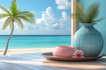 Obraz premium Serene beach scene with decorative vase and cup.