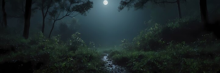Fototapeta premium Mysterious Night Nature Scene with Moonlight, Mist, Stars, Forest Atmosphere, Cinematic Mood, Realistic Landscape Art