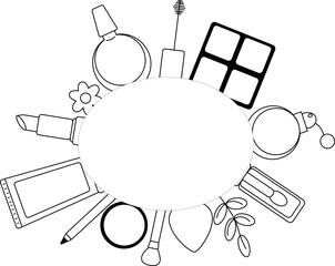 Cosmetics Makeup tools oval frame template. Vector graphic line illustration. Black and white cosmetic makeup art. design for fashion graphics, textile prints, fabrics, wallpapers.