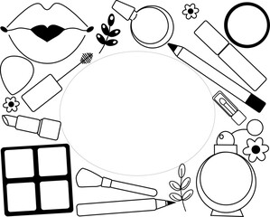 Makeup tools oval frame in rectangle template. Vector graphic line illustration. Black and white cosmetic makeup art. business card, certificate or gift voucher, flyer.