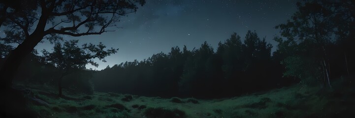 Naklejka premium Mysterious Night Nature Scene with Moonlight, Mist, Stars, Forest Atmosphere, Cinematic Mood, Realistic Landscape Art