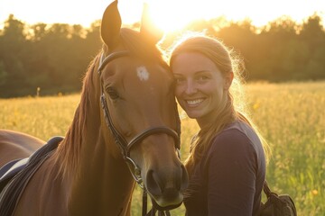 Obraz premium Joyful Young Woman Enjoying Summer Sunset with Her Beautiful Horse in a Sunlit Meadow