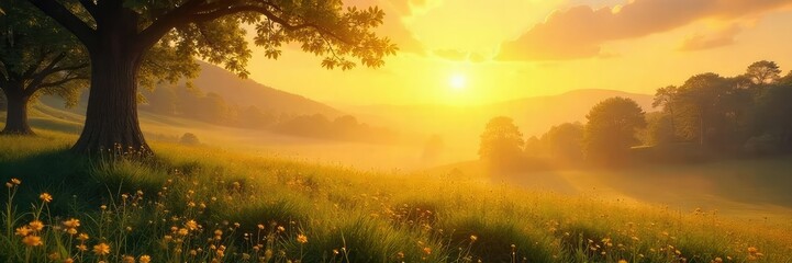 A serene landscape bathed in golden sunlight, evoking a sense of peace and tranquility, ideal for religious or inspirational themes , meditation, tranquil, scenic