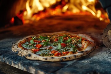 Rustic Healthy Pizza with Fresh Arugula and Basil, Fired in Authentic Brick Oven
