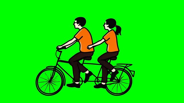 Man and woman ride tandem bike. . Isolated green screen, chromakey, footage, mockup, loop, cartoon style
