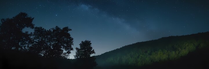 Fototapeta premium Mysterious Night Nature Scene with Moonlight, Mist, Stars, Forest Atmosphere, Cinematic Mood, Realistic Landscape Art