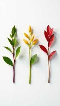 A row of three identical branches on a clean white surface with subtle shadow, rows, branches