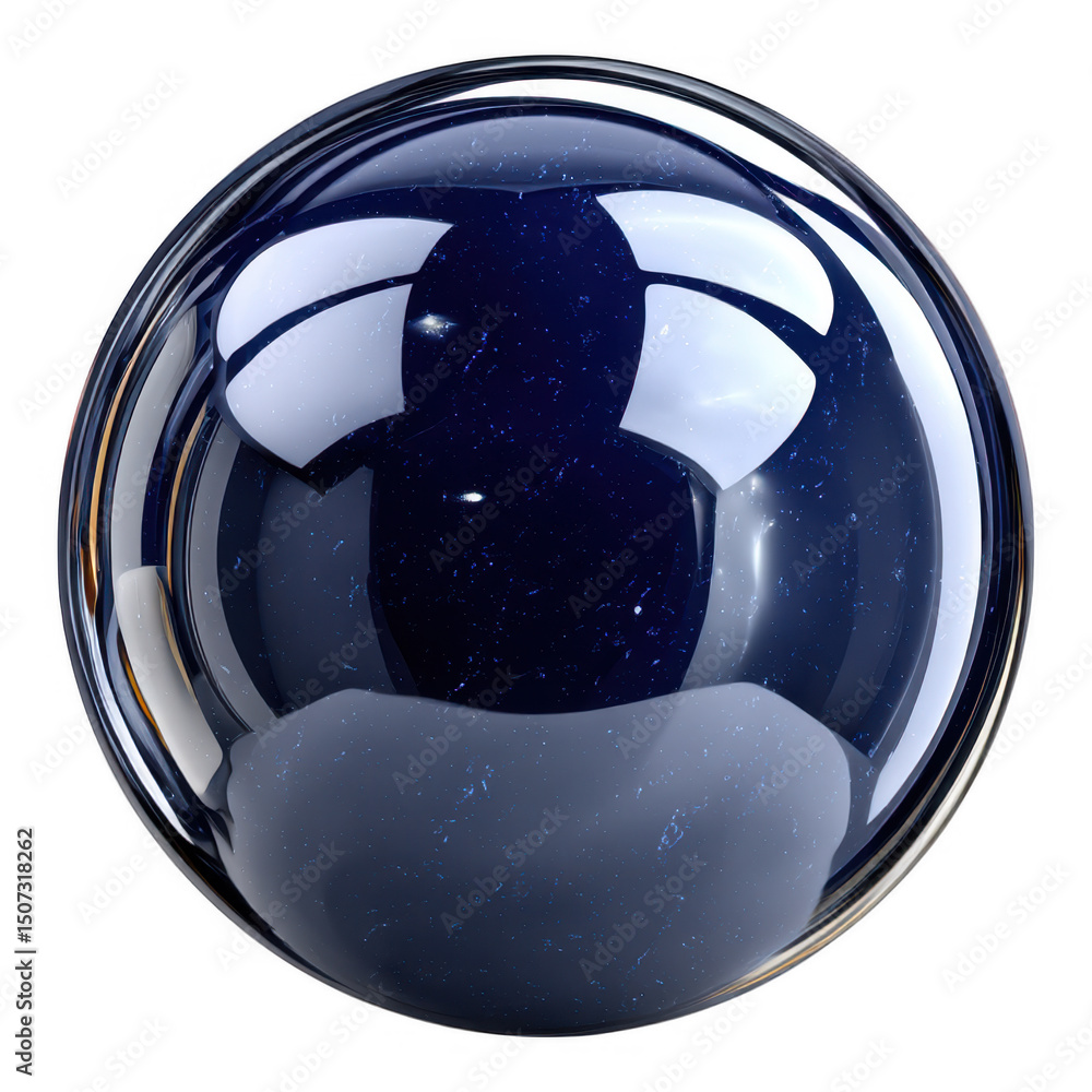 Poster glossy blue sphere with shimmering stars capturing light and reflection in dark atmosphere