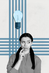 3d sketch image vertical collage of minded businesswoman businessman think idea light bulb...