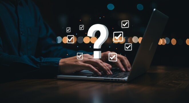 Person working on a laptop with a question mark and check marks