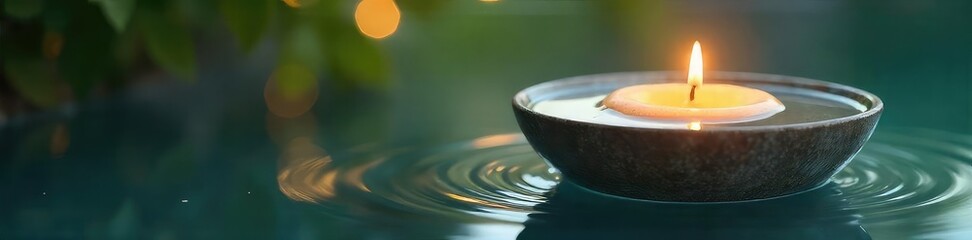 A serene floating candle in a glass bowl of water, reflecting soft light and creating a tranquil atmosphere Perfect for spa, relaxation, meditation, and wellness imagery , water, centerpiece