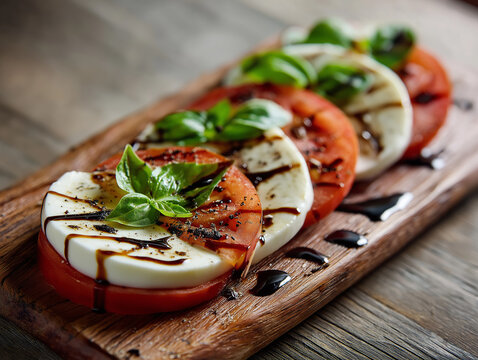 realistic food photography of Caprese salad with fresh tomato slices, delicate mozzarella cheese, aromatic basil leaves, drizzled with balsamic reduction and olive oil, arranged on a rustic wooden boa